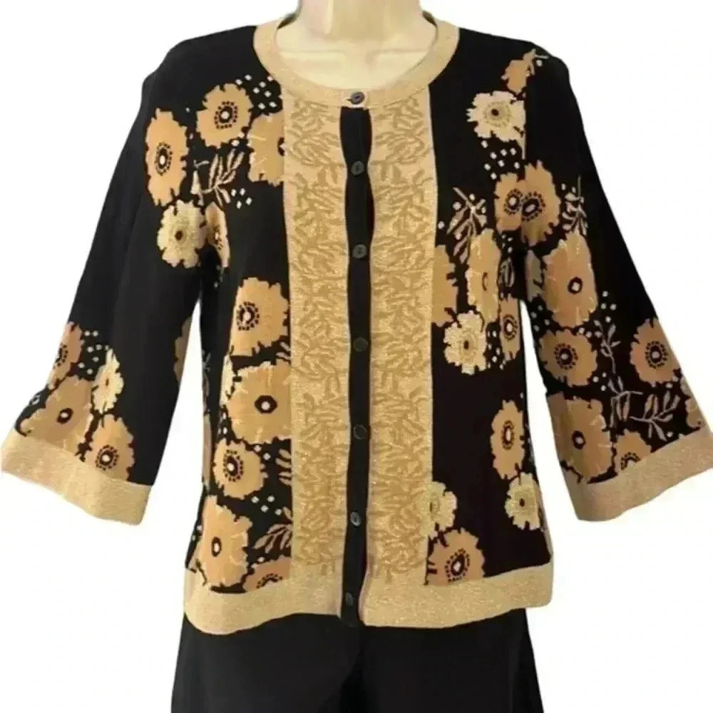Susan Bristol Cardigan Black Gold Shimmer Floral Small